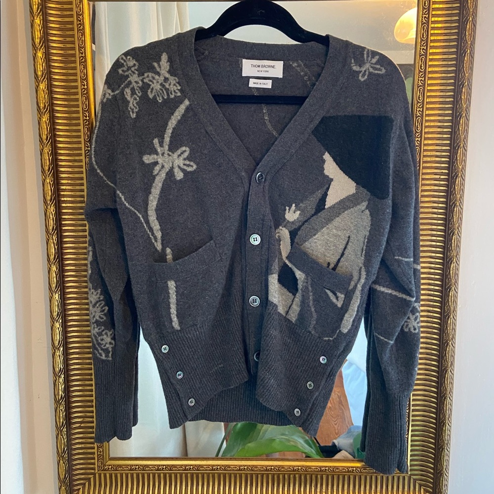 Thom Browne Geisha Intarsia Cashmere cardigan in tonal grey